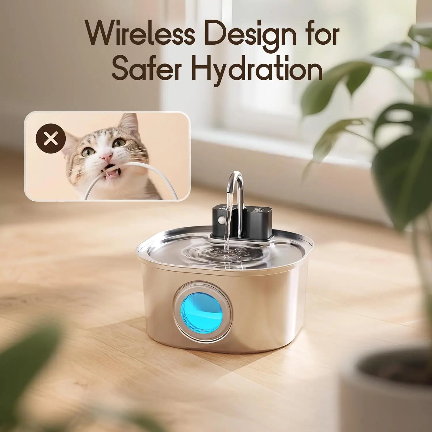 3L Stainless Steel Wireless Cat Water Fountain