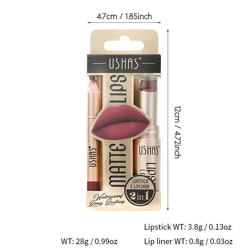 USHAS' 12 Color Lip Liner + LIPSTICK Nude lipstick