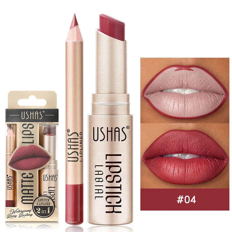 USHAS' 12 Color Lip Liner + LIPSTICK Nude lipstick