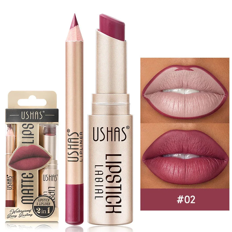 USHAS' 12 Color Lip Liner + LIPSTICK Nude lipstick