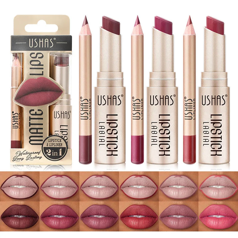 USHAS' 12 Color Lip Liner + LIPSTICK Nude lipstick