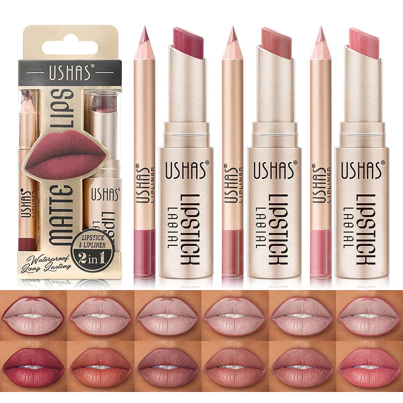 USHAS' 12 Color Lip Liner + LIPSTICK Nude lipstick
