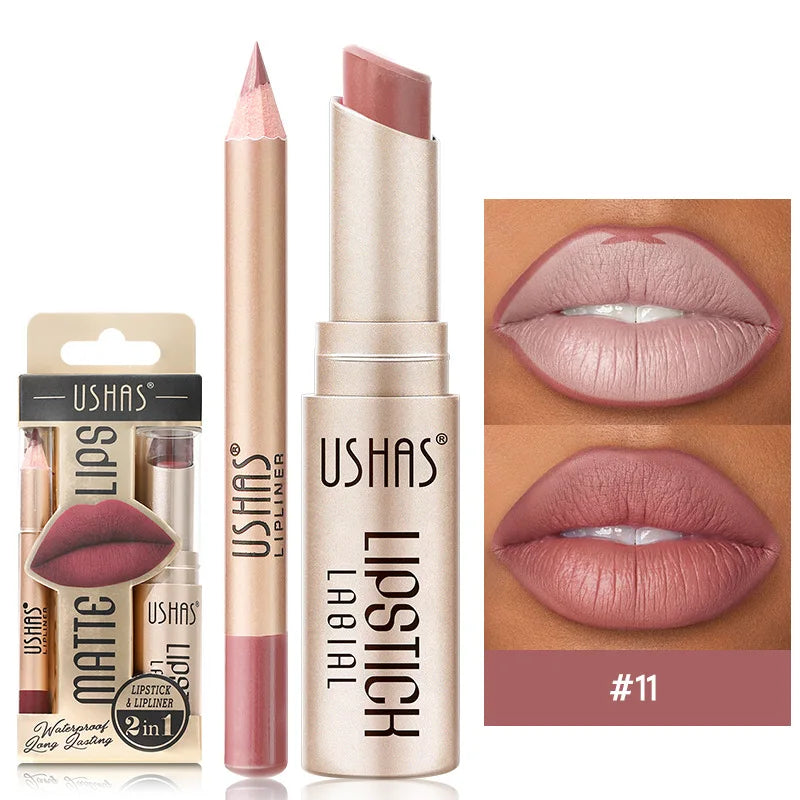 USHAS' 12 Color Lip Liner + LIPSTICK Nude lipstick
