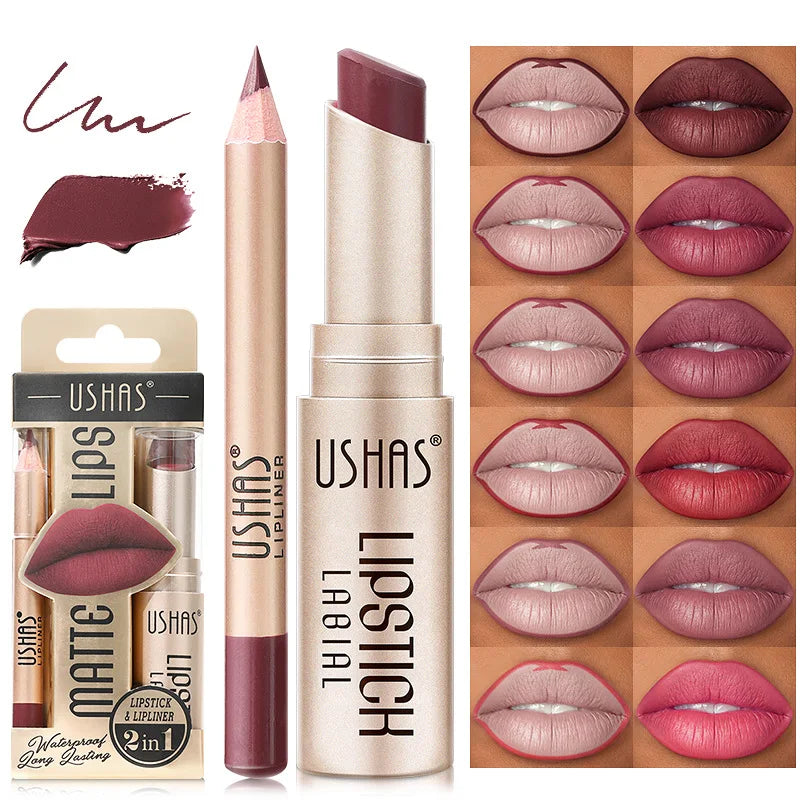 USHAS' 12 Color Lip Liner + LIPSTICK Nude lipstick