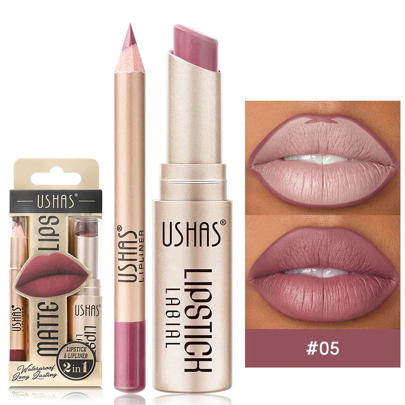 USHAS' 12 Color Lip Liner + LIPSTICK Nude lipstick