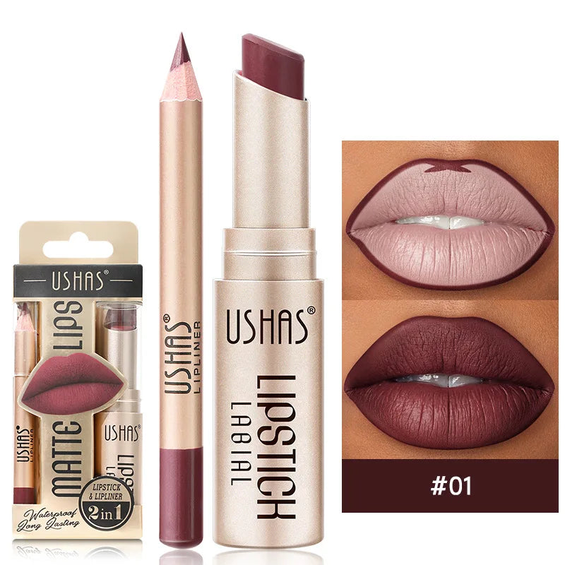 USHAS' 12 Color Lip Liner + LIPSTICK Nude lipstick