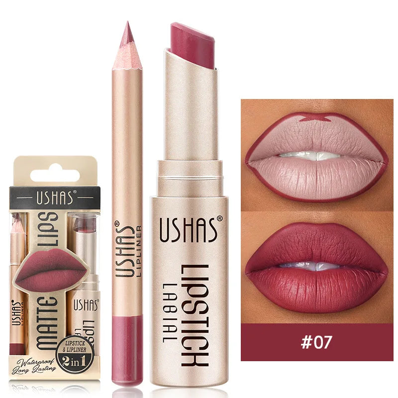 USHAS' 12 Color Lip Liner + LIPSTICK Nude lipstick