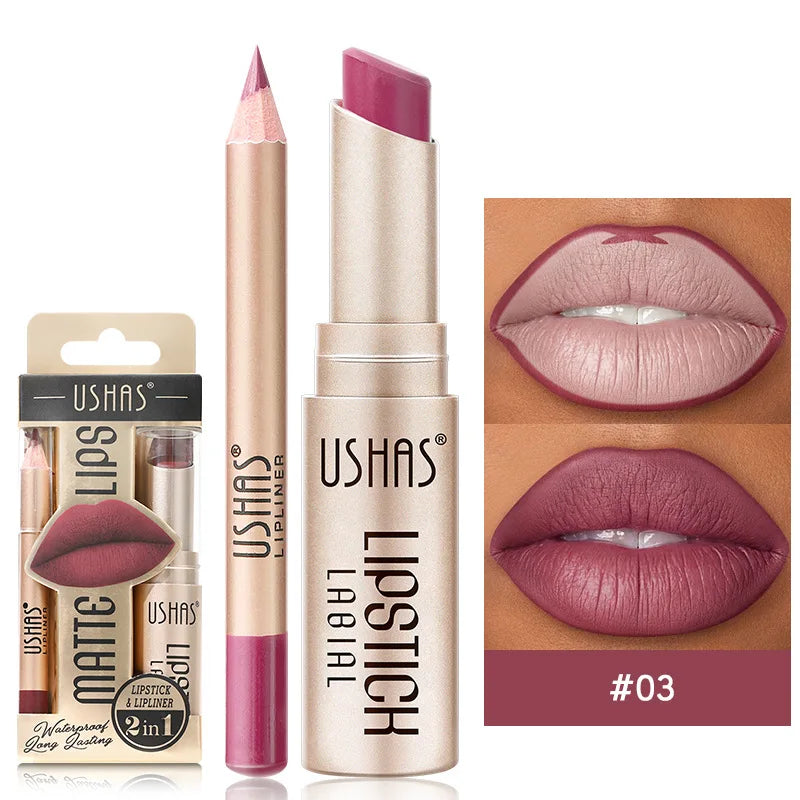 USHAS' 12 Color Lip Liner + LIPSTICK Nude lipstick